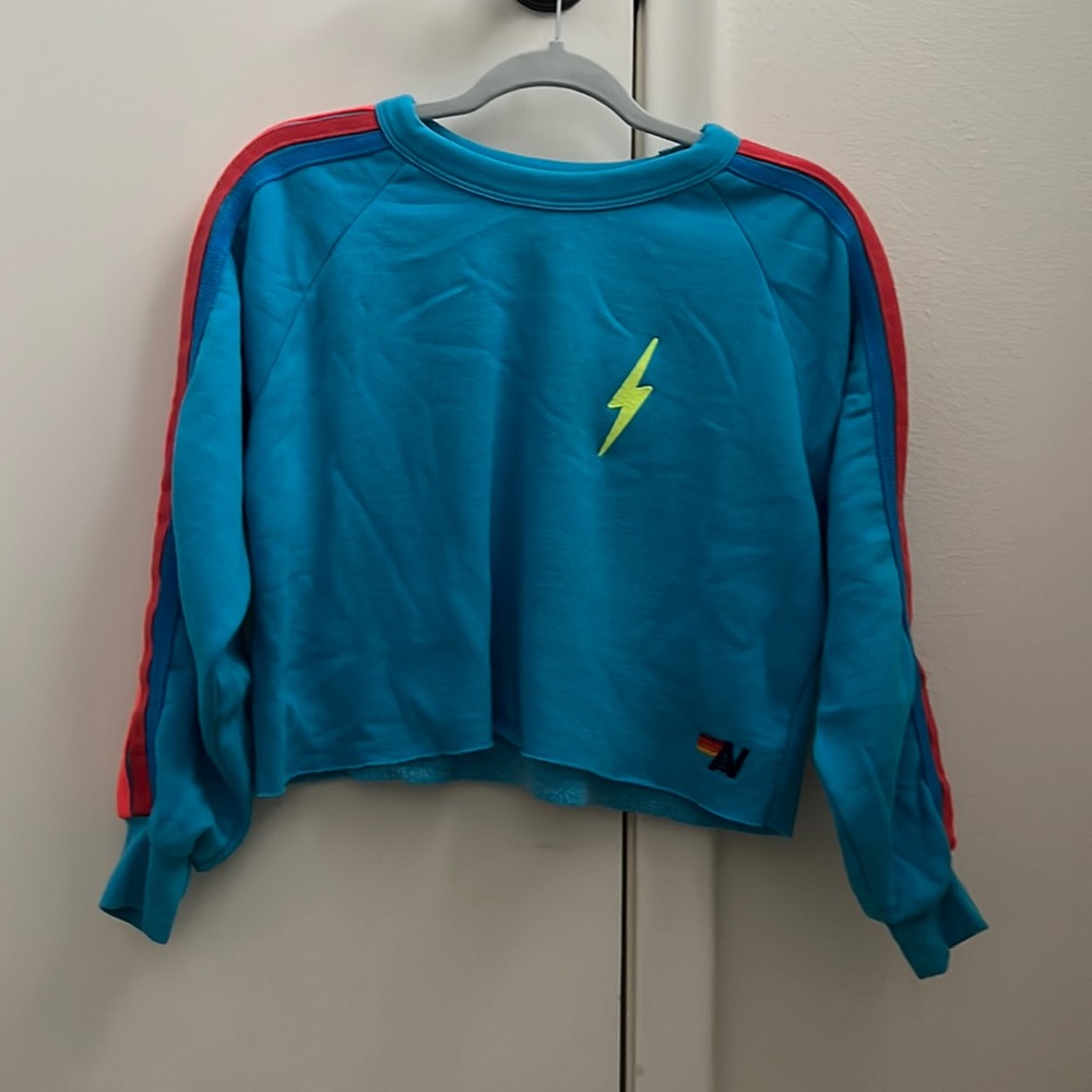 Aviator Nation Cropped 5 Stripe Blue Neon Rainbow Sweatshirt Size Small